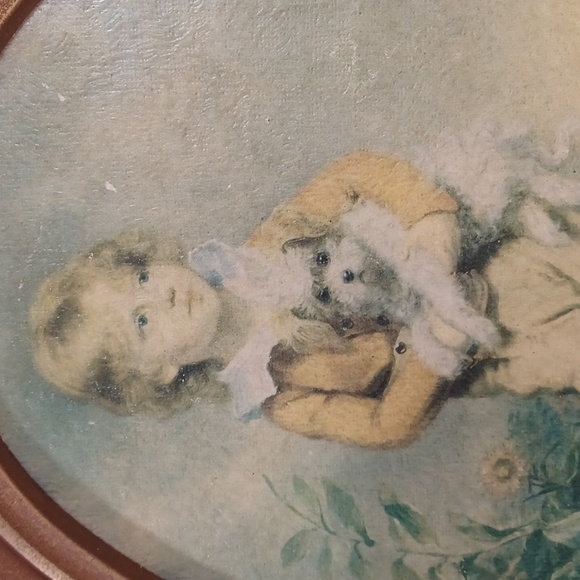 Antique Oval Wood Frame Vintage Wood Frame Art Print Boy & Dog Oval Shadow Box - Picture 3 of 16